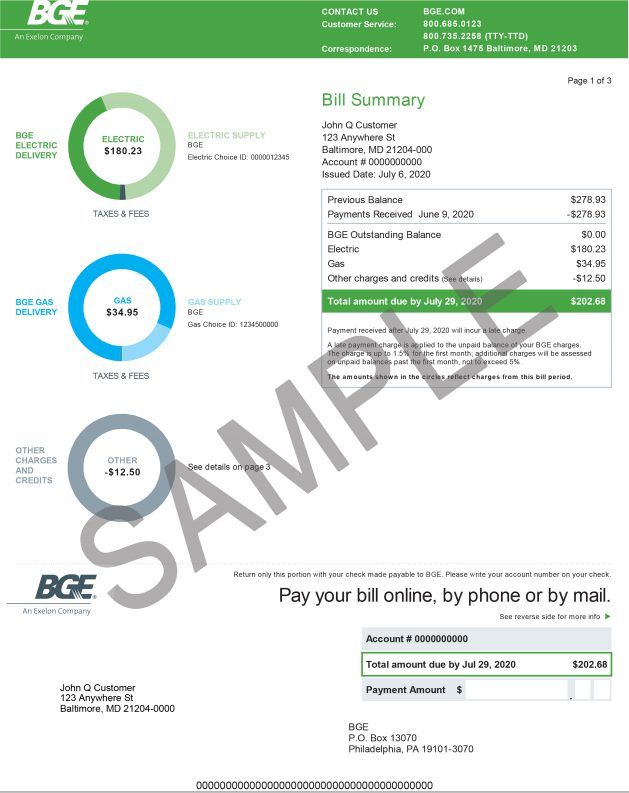 Image Of First Page Of BGE Electric Bill