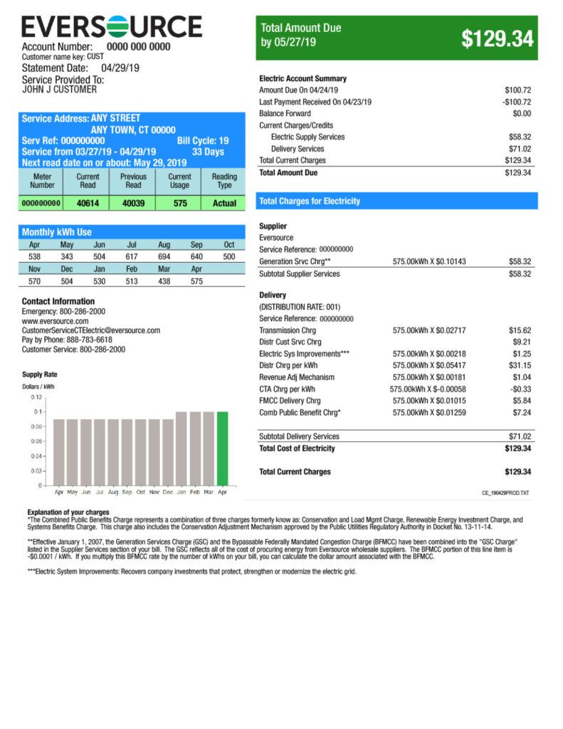 Eversource Energy (CL&P) Electricity Bill