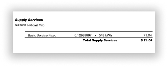Image of supply charges section on National Grid MA electric bill
