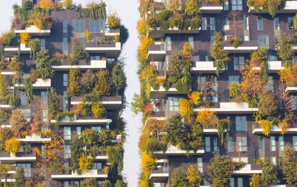 Office building with trees growing on it