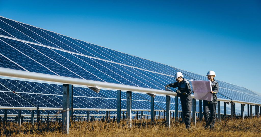 Solar technicians inspect panels along a Pennsylvania solar energy farm