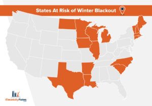 Map of U.S. showing states at higher risk of blackouts