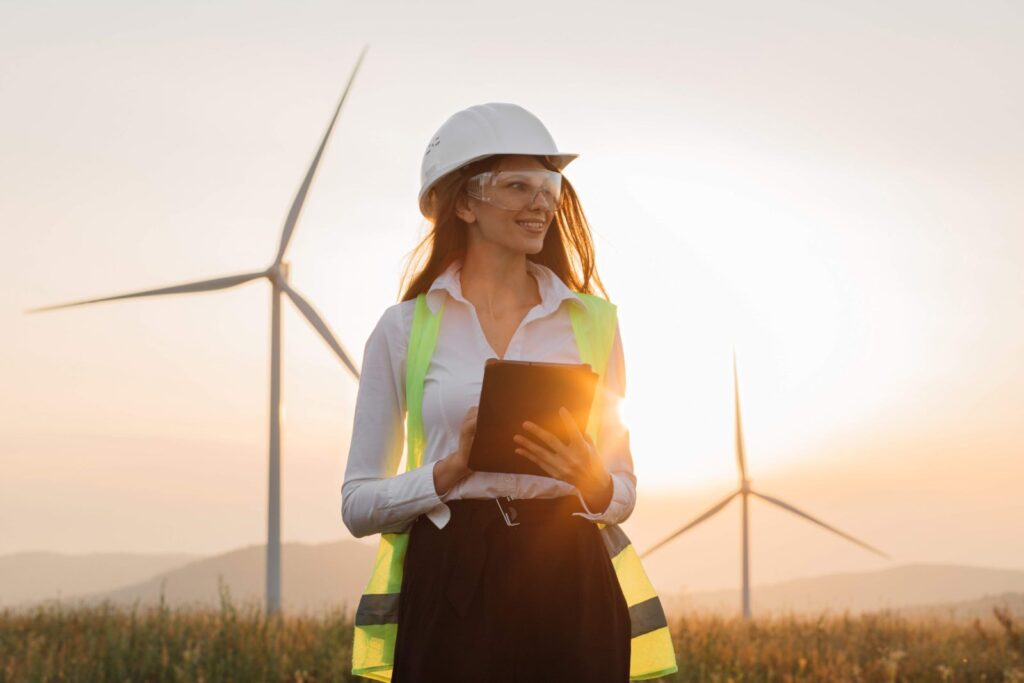 Energy Choice can help businesses save on their electricity bill. Photo of woman standing in a field on a wind farm.