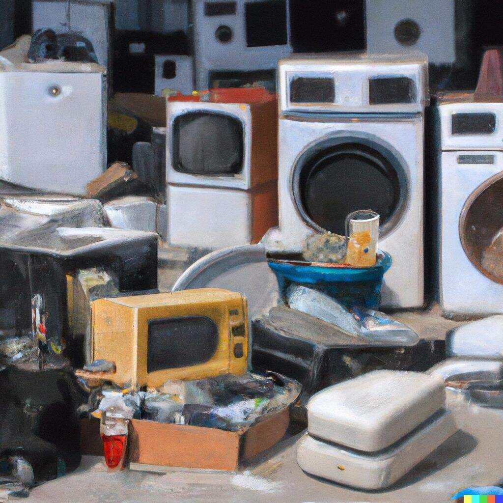 Are energy efficient appliances worth the investment? We deep dive into the cost analysis. Photo of home appliances sitting in a junkyard depicted in an oil painting.