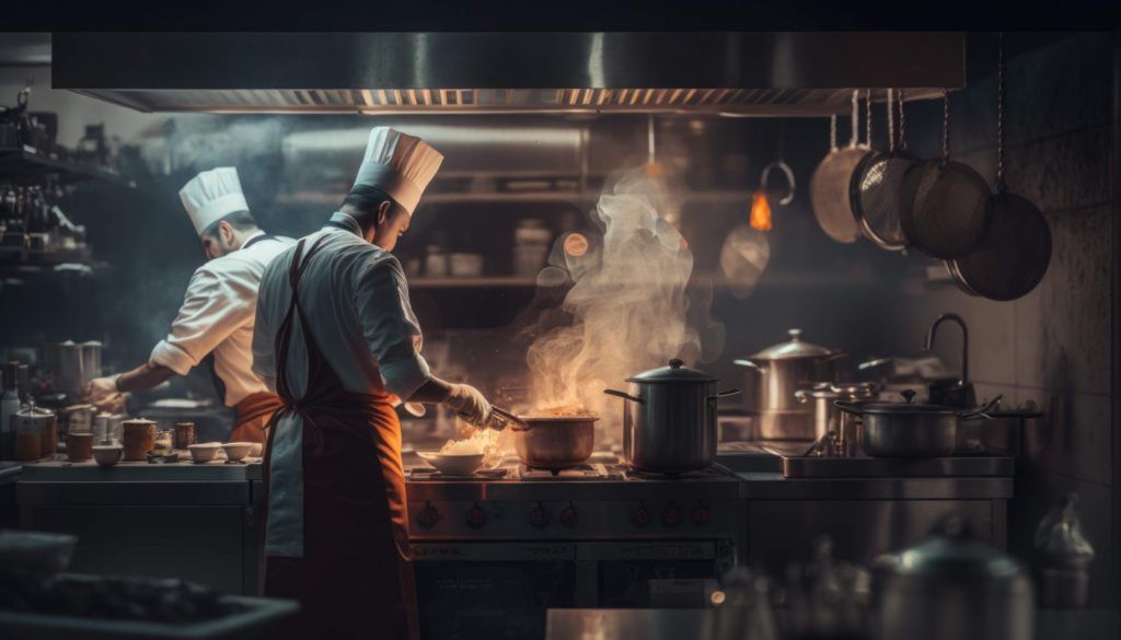 Tips for running an energy efficient restaurant. AI generated photo of two chefs cooking in a restaurant kitchen.