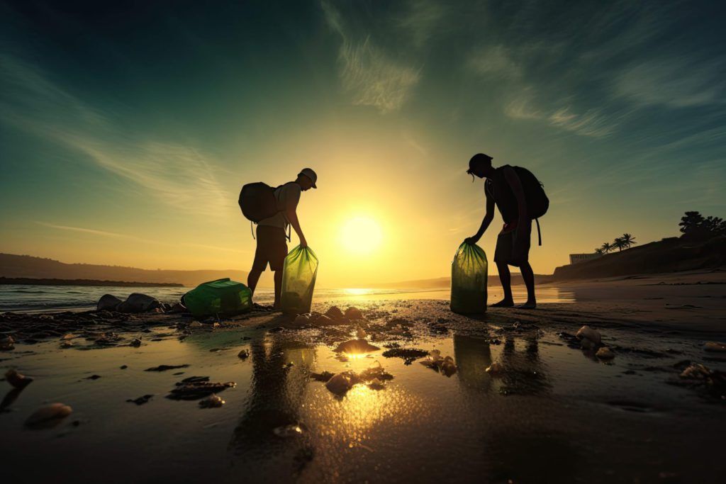World Environment Day is on June 5th. This year the emphasis is on combating plastic waste. Photo shows two people cleaning up trash along a beach.