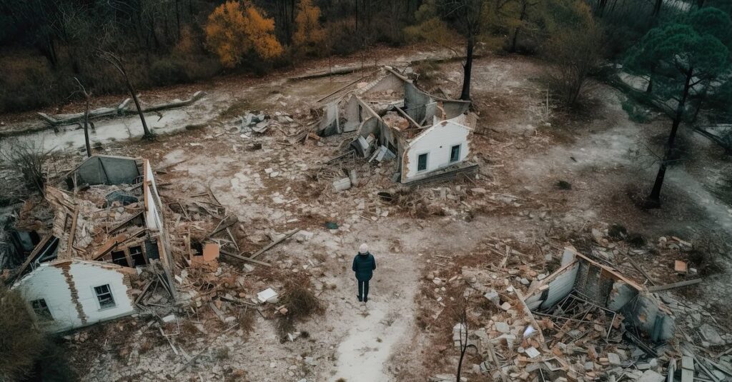 Hurricane preparedness tips to help keep you safe. Photo of a person standing among damaged homes after a hurricane.