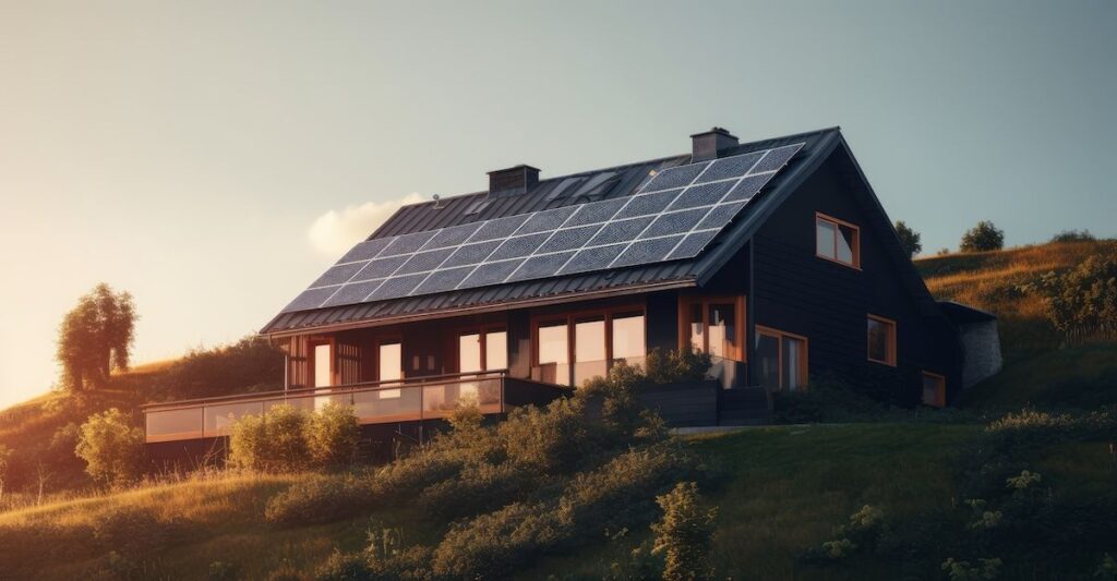 Energy Efficiency Day 2023. Photo of a house on a hillside with solar panels.