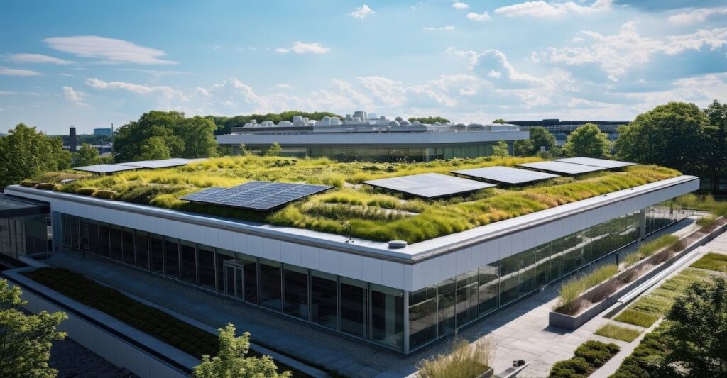 Energy efficient buildings in the US. Photo of an eergy efficient building with solar panels and grass roof insulation.