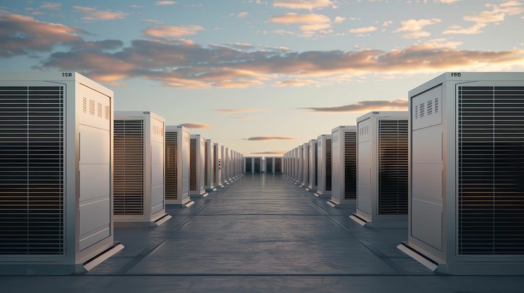 As demand for data centers and AI grow in the U.S. the country is faced with new challenges plaguing the grid. A vast array of storage units under a sky filled with soft clouds, symbolizing technology and data management.