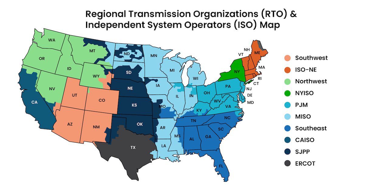 Map of the U.S. showing territories that each transmission company serves.