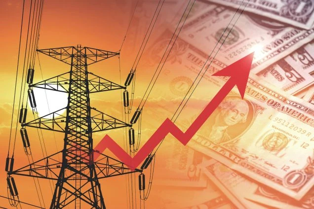 Announcing the PPL electricity rate increase happening in June 2025. Photo of electric lines and red arrow points upward against a backdrop of US dollar bills, symbolizing the escalating cost of energy.