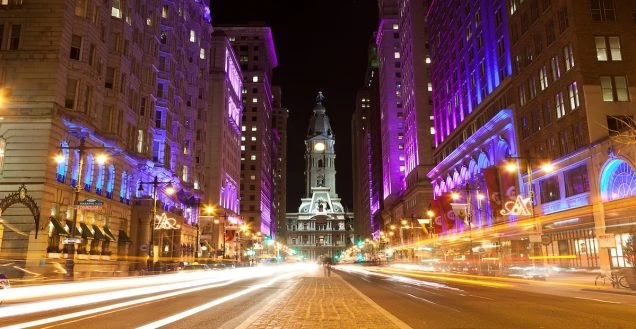 PECO has withdrawn their proposal to increase electricity rates for June 2026. Photo is of downtown Philadelphia at night.